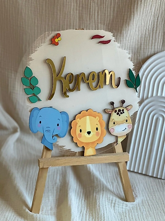 Aslan FİL Zürafa Kapı Süsü-isme Özel Bebek Kapı Süsü